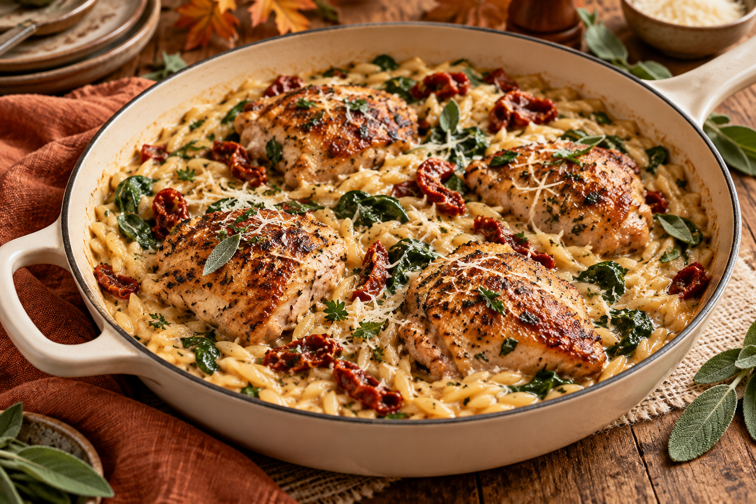 Creamy Tuscan chicken orzo with spinach and sun-dried tomatoes