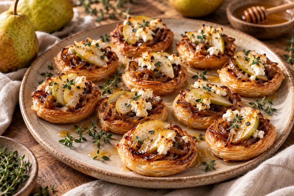Caramelized onion pear and goat cheese tartlets