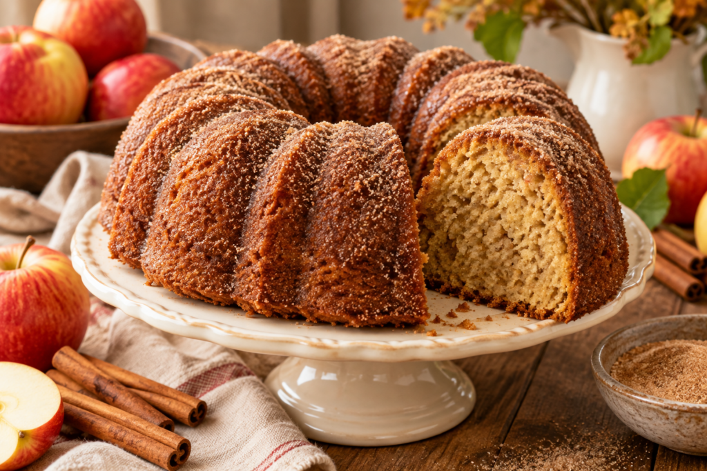 Apple cider donut Bundt cake with cinnamon sugar crust