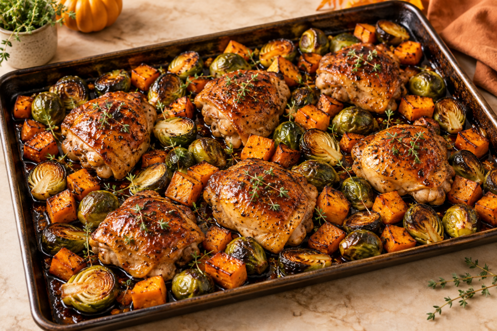 Sheet pan maple balsamic chicken with Brussels sprouts and sweet potatoes