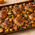 Sheet pan maple balsamic chicken with Brussels sprouts and sweet potatoes