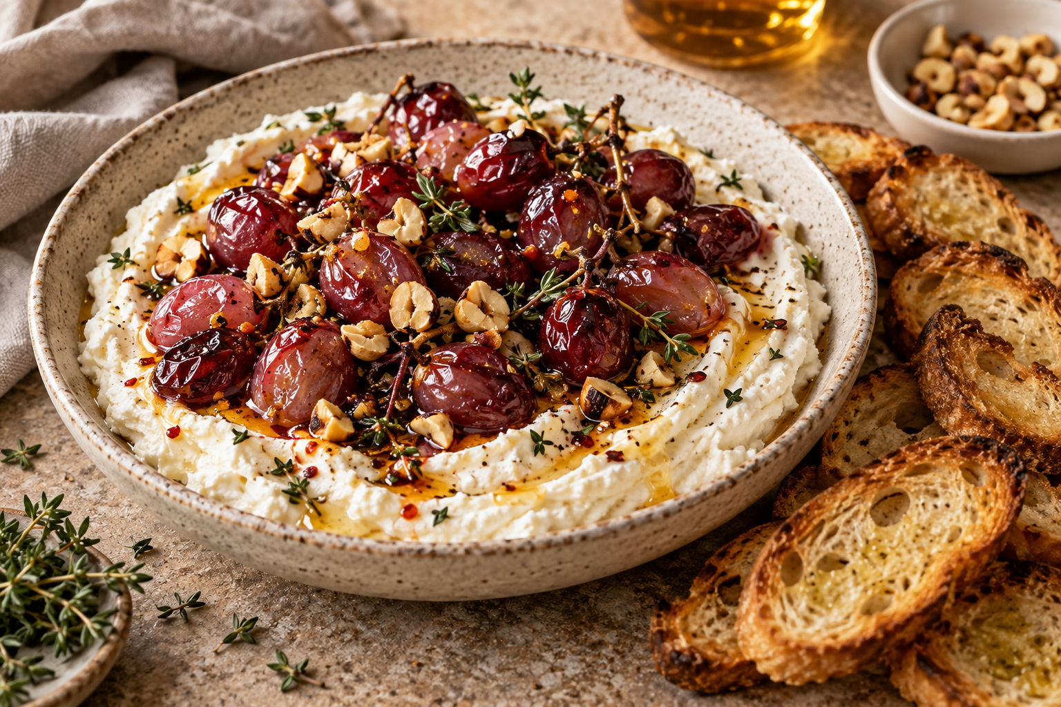 Whipped ricotta roasted grapes, hot honey, and crostini