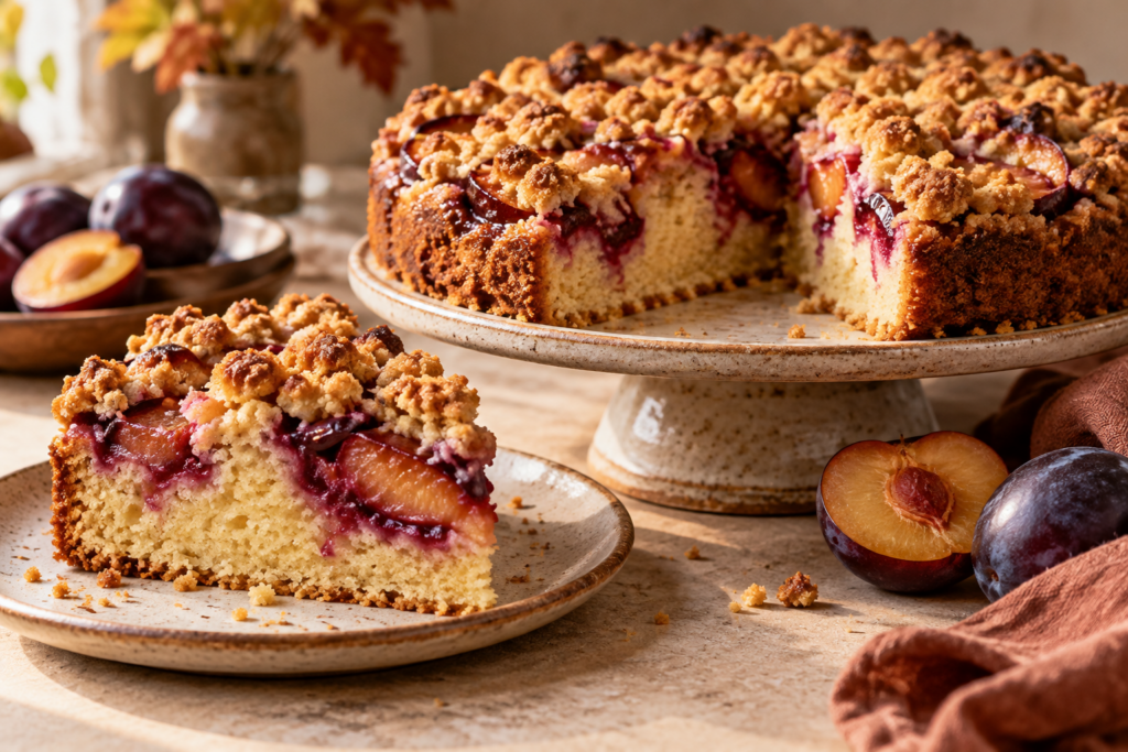 Brown butter plum streusel cake with golden crumbs