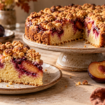 Brown butter plum streusel cake with golden crumbs