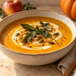 Roasted pumpkin apple soup topped with crispy sage and toasted pumpkin seeds