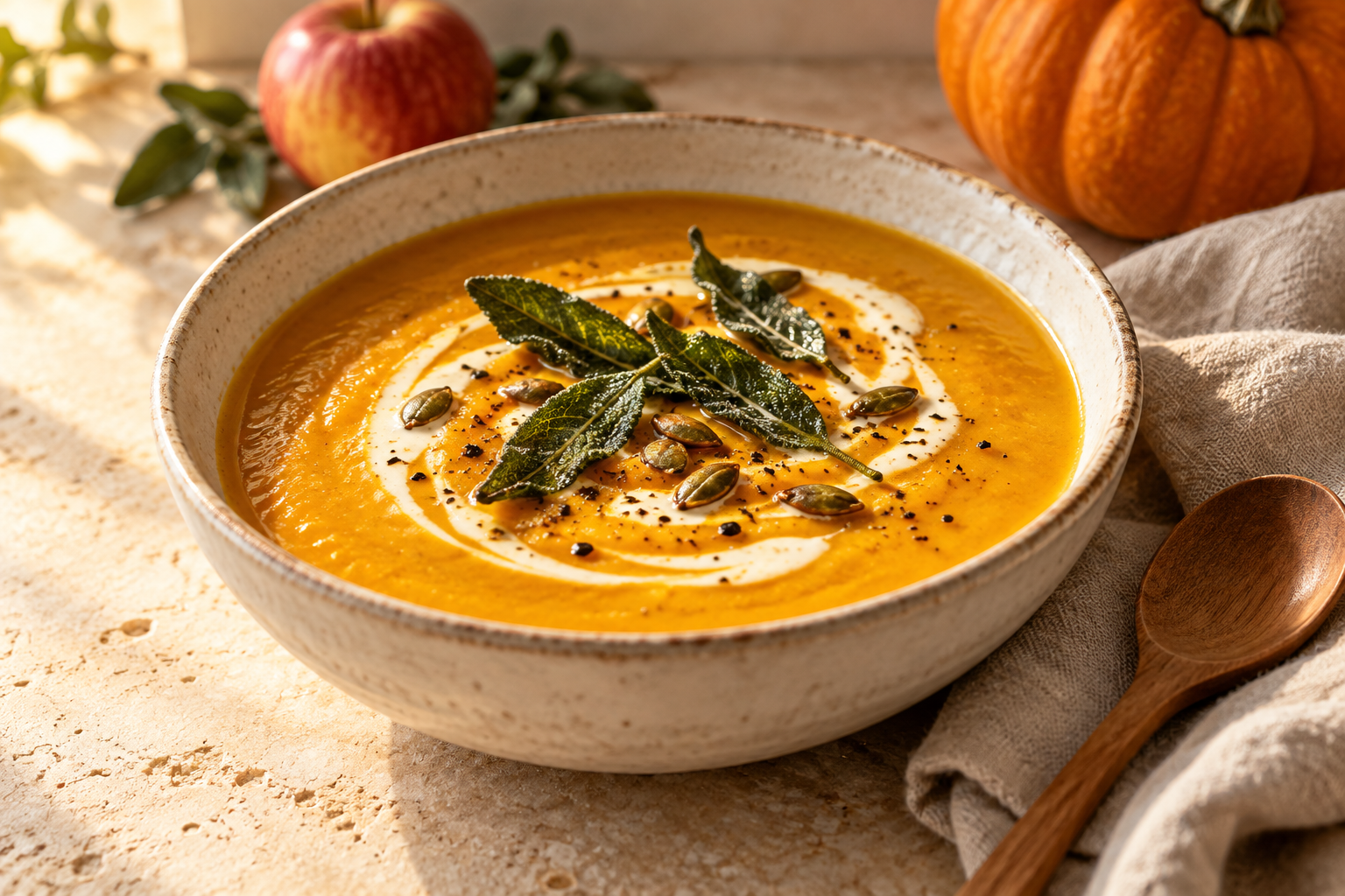 Roasted pumpkin apple soup topped with crispy sage and toasted pumpkin seeds