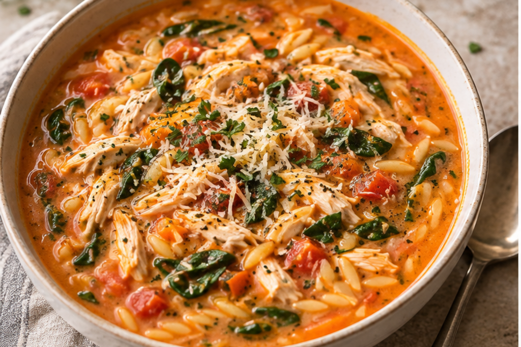 Creamy Chicken Orzo Tomato Soup