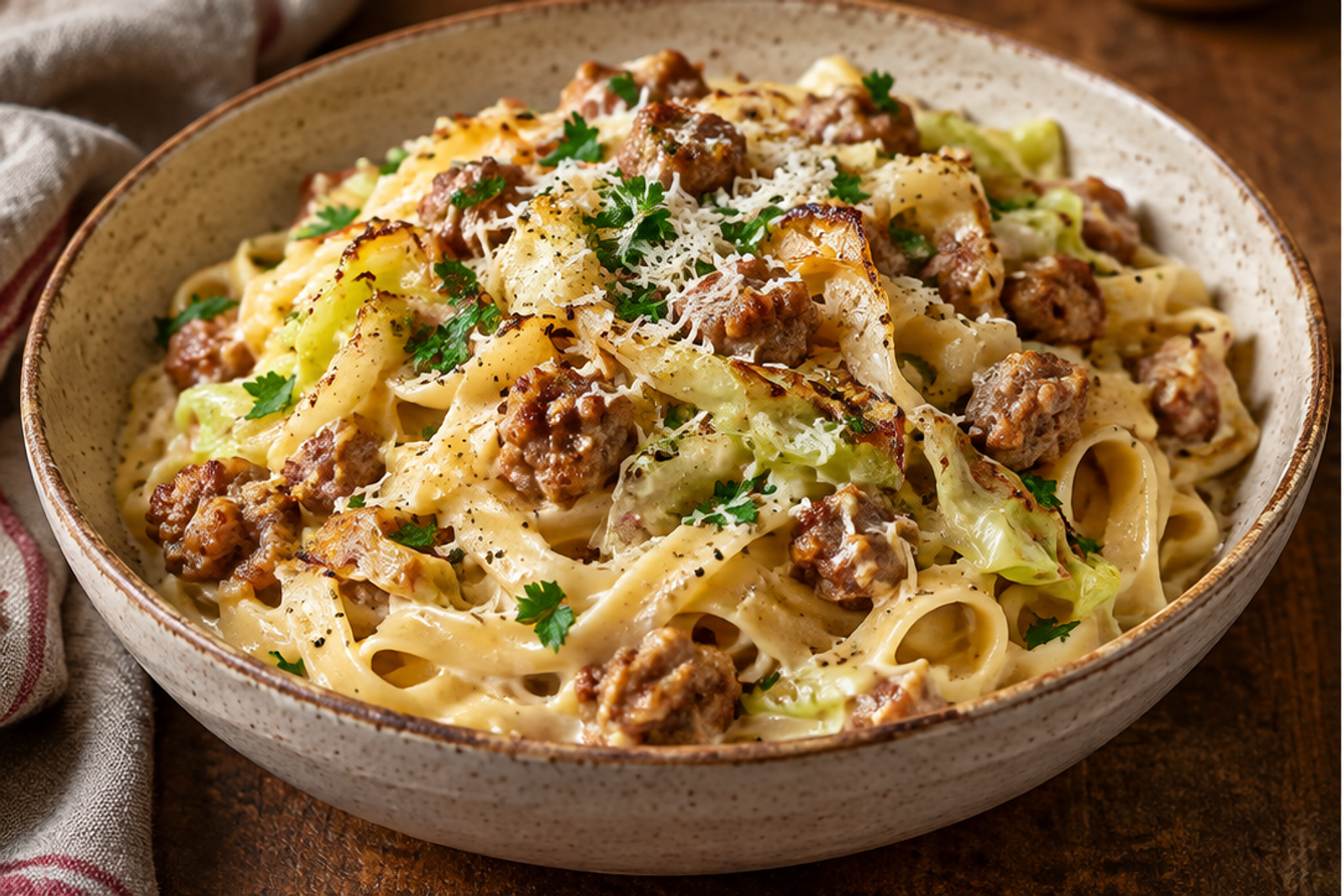 Creamy Cabbage Alfredo with Crispy Sausage