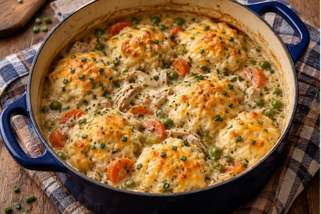 Creamy Chicken Stew with Cheddar Herb Dumplings