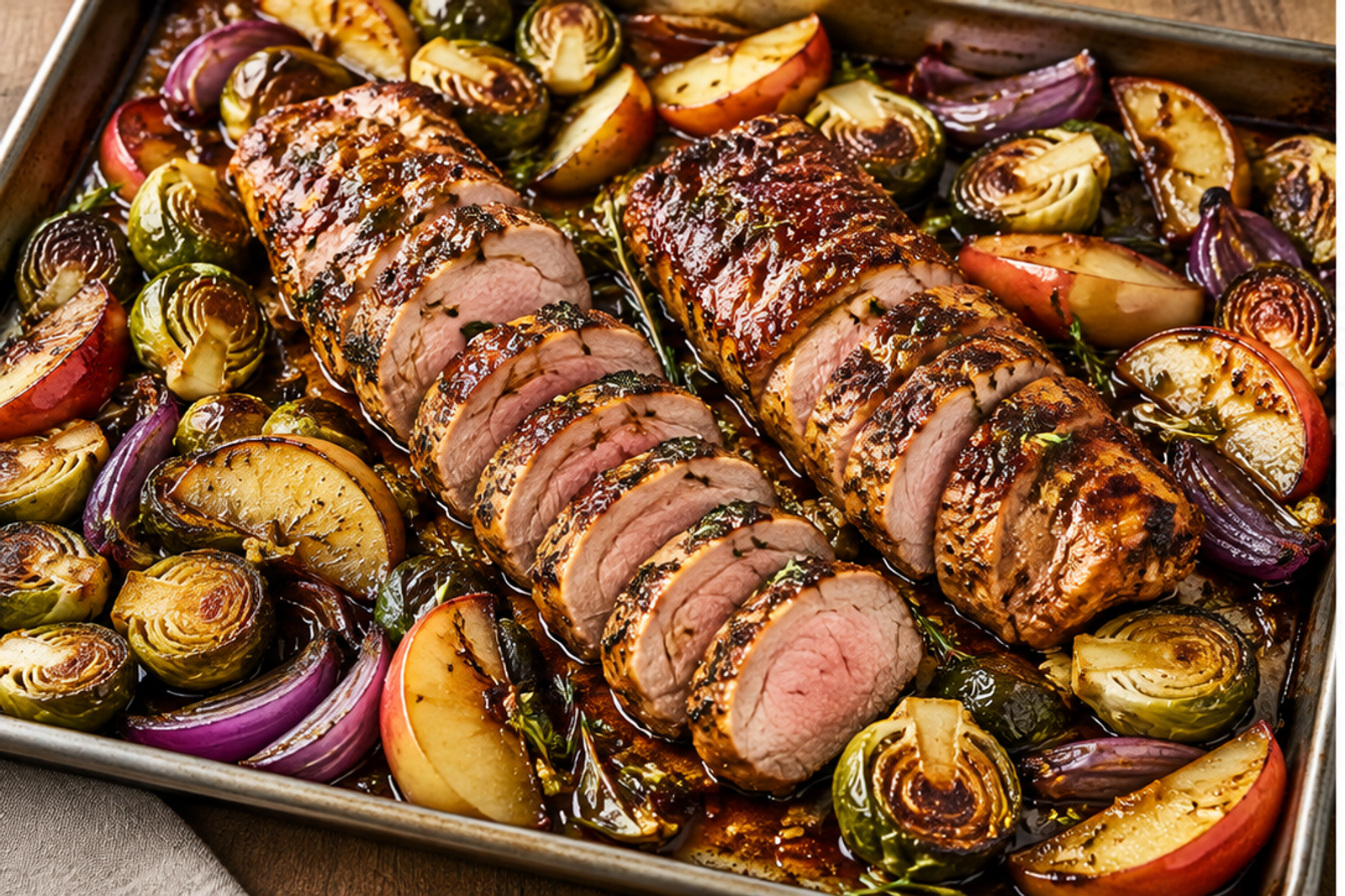 One-Pan Apple Cider Pork Tenderloin with Brussels Sprouts