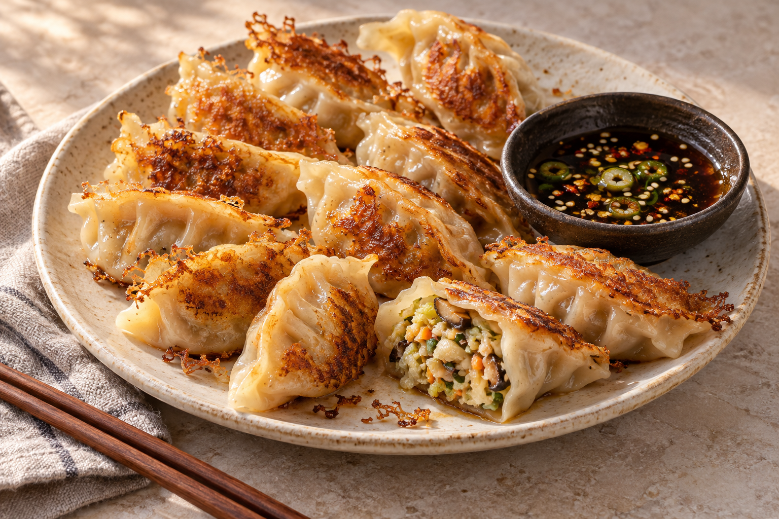 Crispy cabbage dumplings with ginger dipping sauce