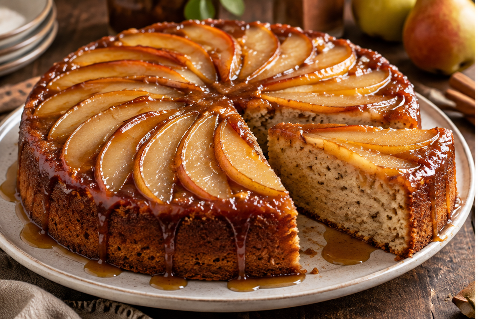 Chai Pear Upside-Down Cake with Salted Maple Glaze