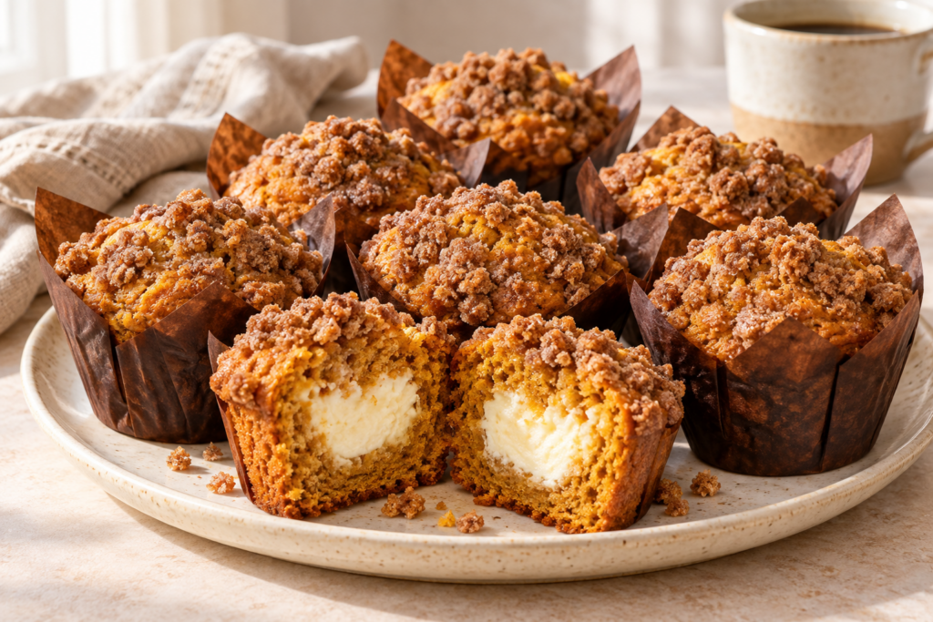 Pumpkin cream cheese muffins with cinnamon streusel and a creamy center