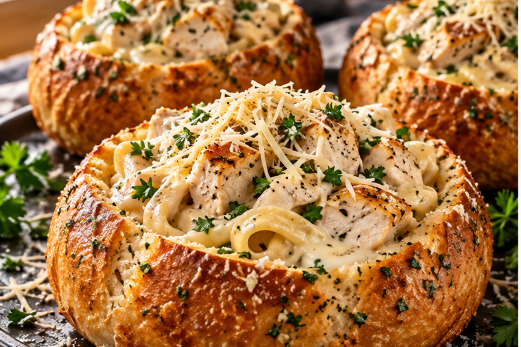 Chicken Alfredo Garlic Bread Bowls