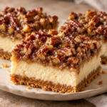 Pecan pie cheesecake bars with a graham crust and glossy chopped pecan topping