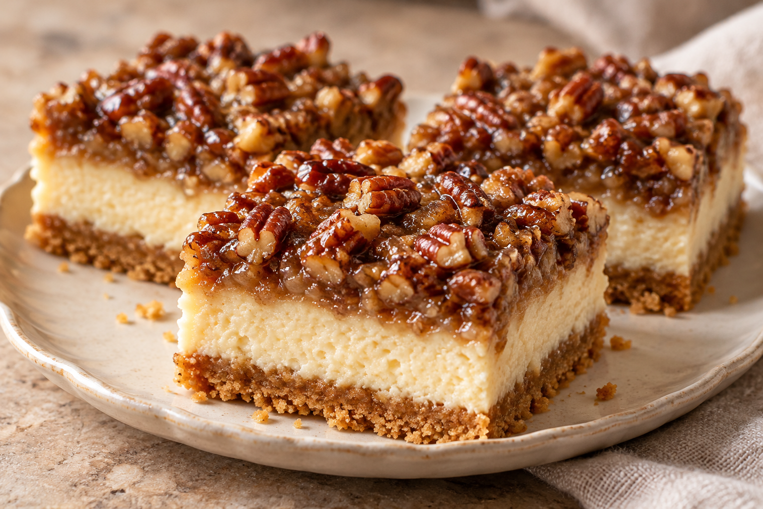 Pecan pie cheesecake bars with a graham cracker crust, creamy vanilla filling, and caramel pecan topping