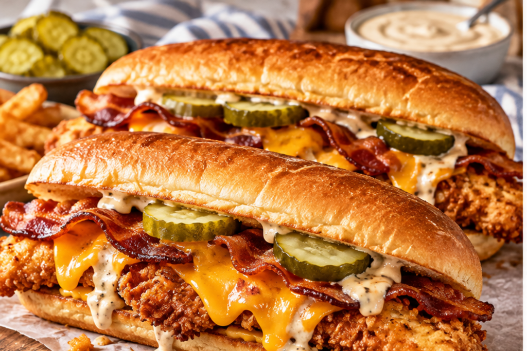 Bacon Cheese Crispy Chicken Bird Dog Sandwiches