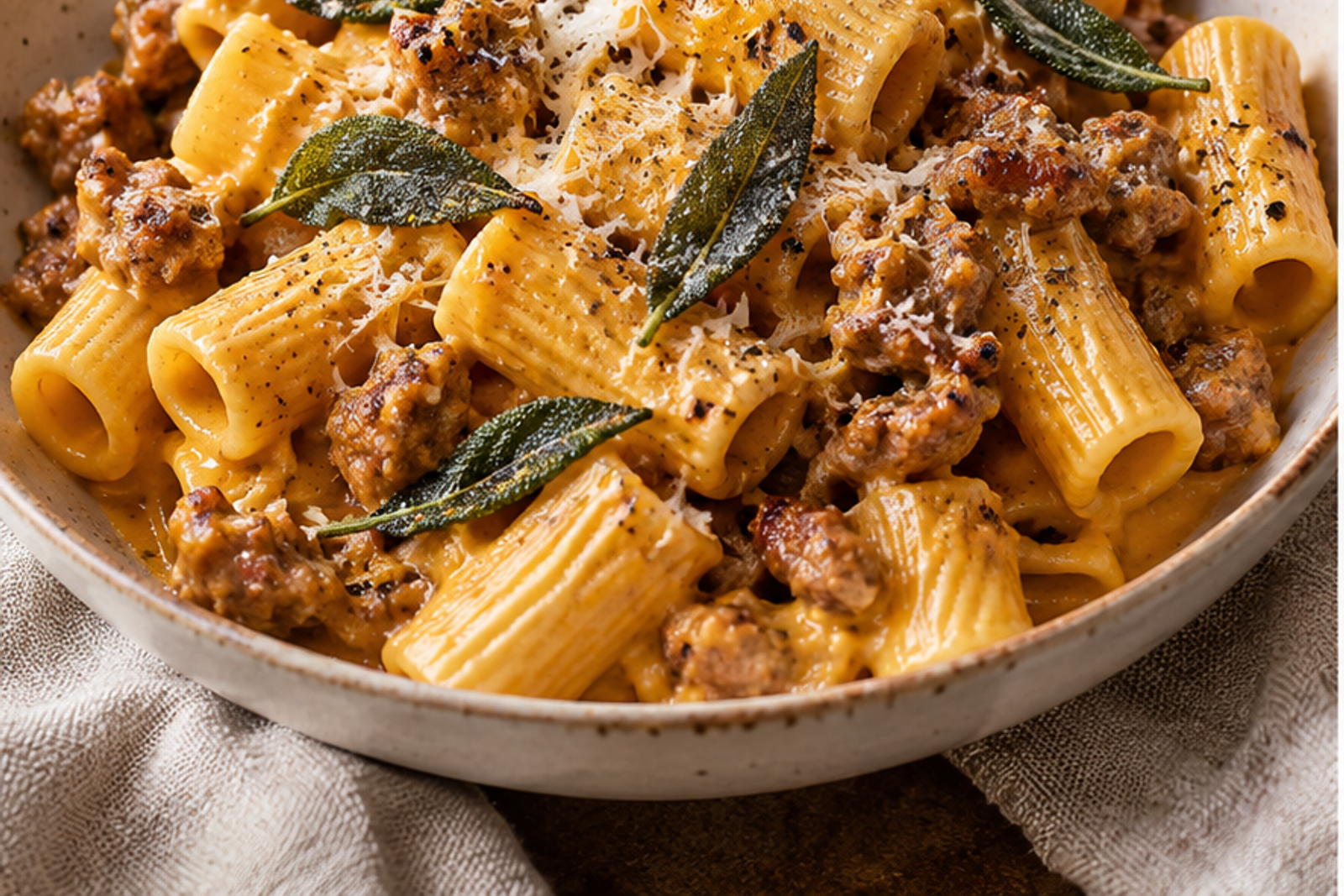 Brown Butter Pumpkin Sausage Pasta with Crispy Sage