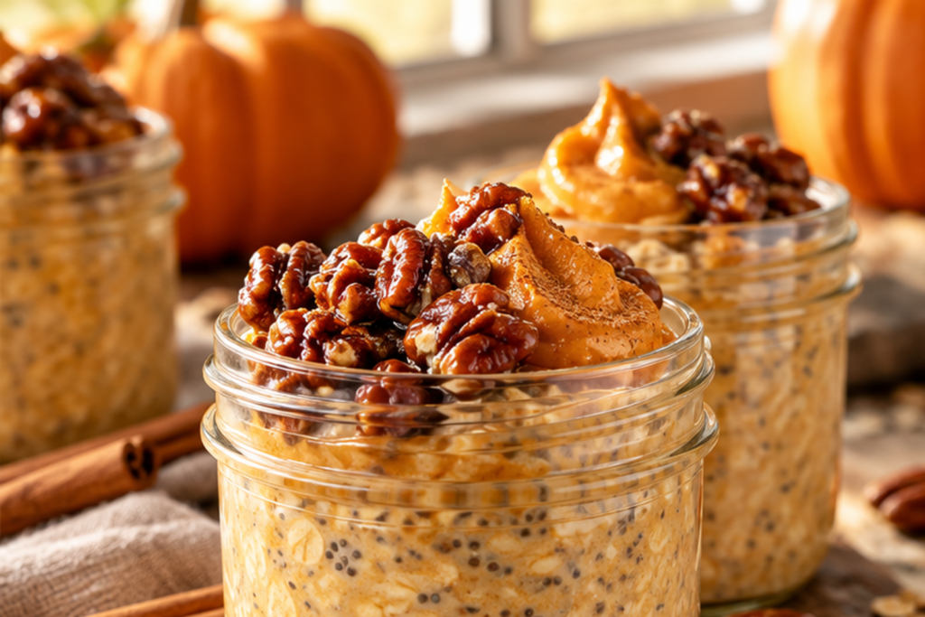 Pumpkin Pie Overnight Oats with Maple Pecans