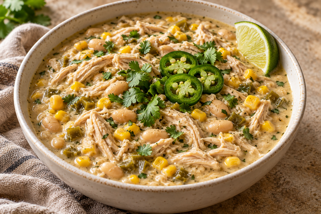 Creamy slow cooker white chicken chili with beans, corn, cilantro, and lime