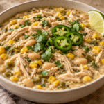 Creamy slow cooker white chicken chili with beans, corn, cilantro, and lime