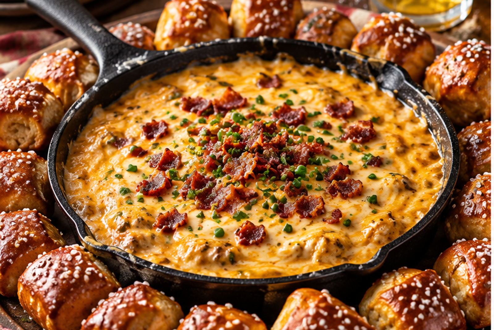 Skillet Beer Cheese Dip with Pretzel Bites