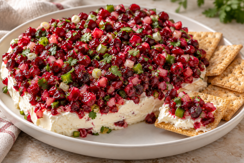 Cranberry jalapeno cream cheese dip with a fresh red and green relish