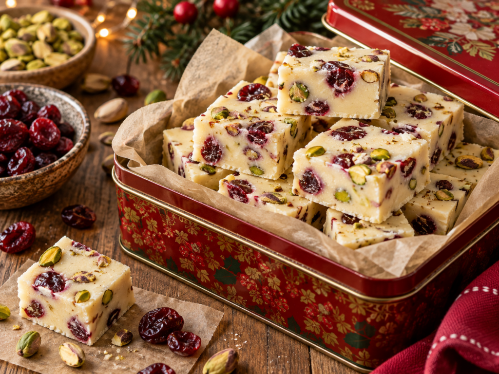 White Chocolate Cranberry Pistachio Fudge