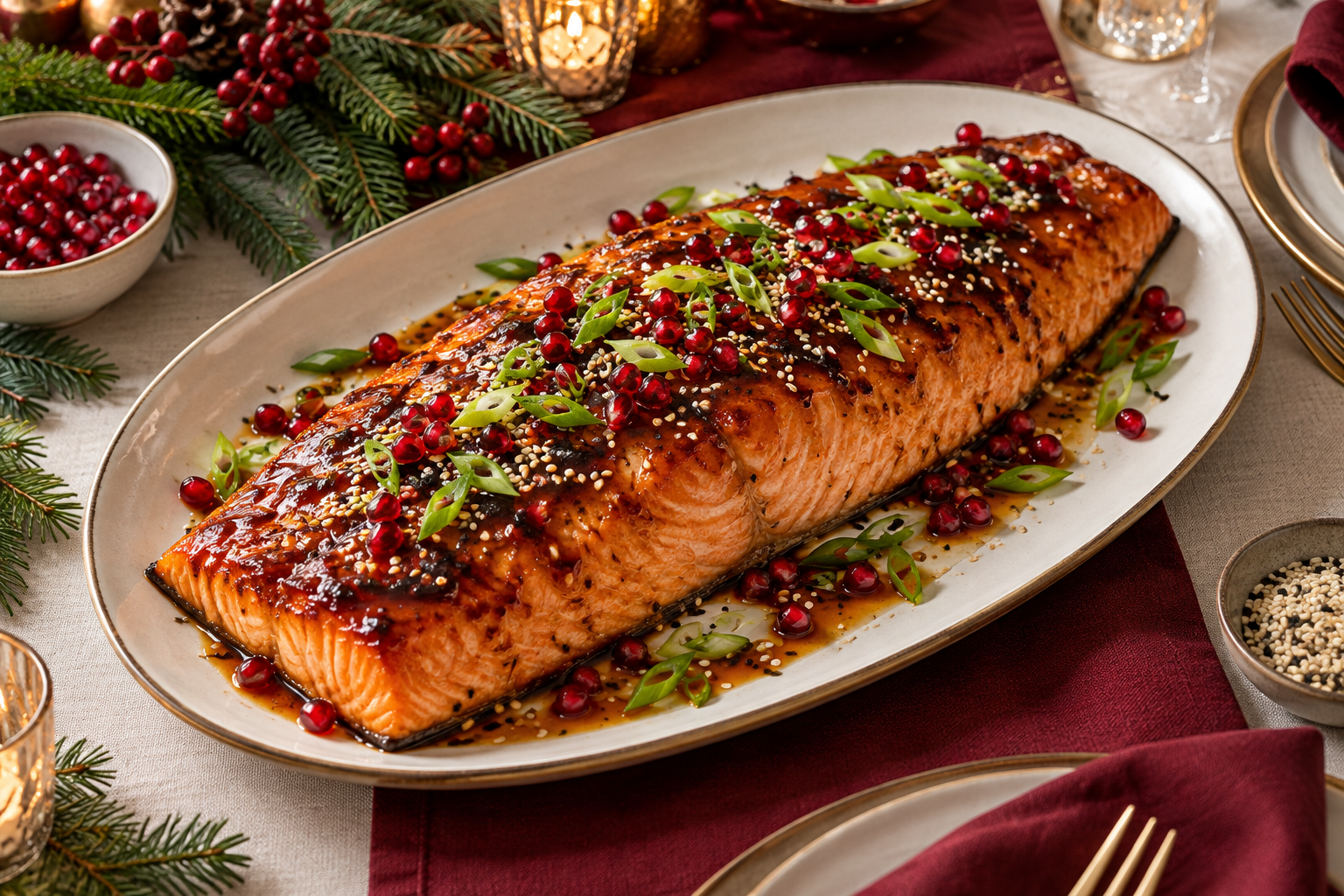 Maple Miso Glazed Christmas Salmon served for Christmas