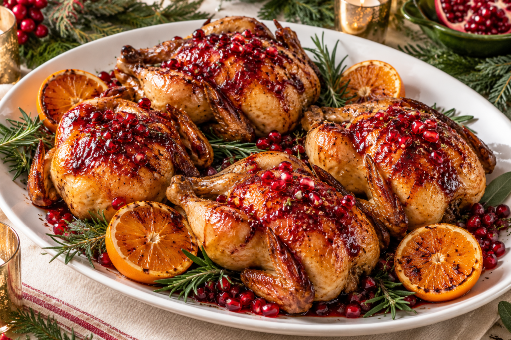 Pomegranate Glazed Cornish Hens