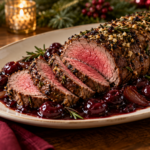 Garlic Rosemary Beef Tenderloin with Cherry Sauce served for Christmas