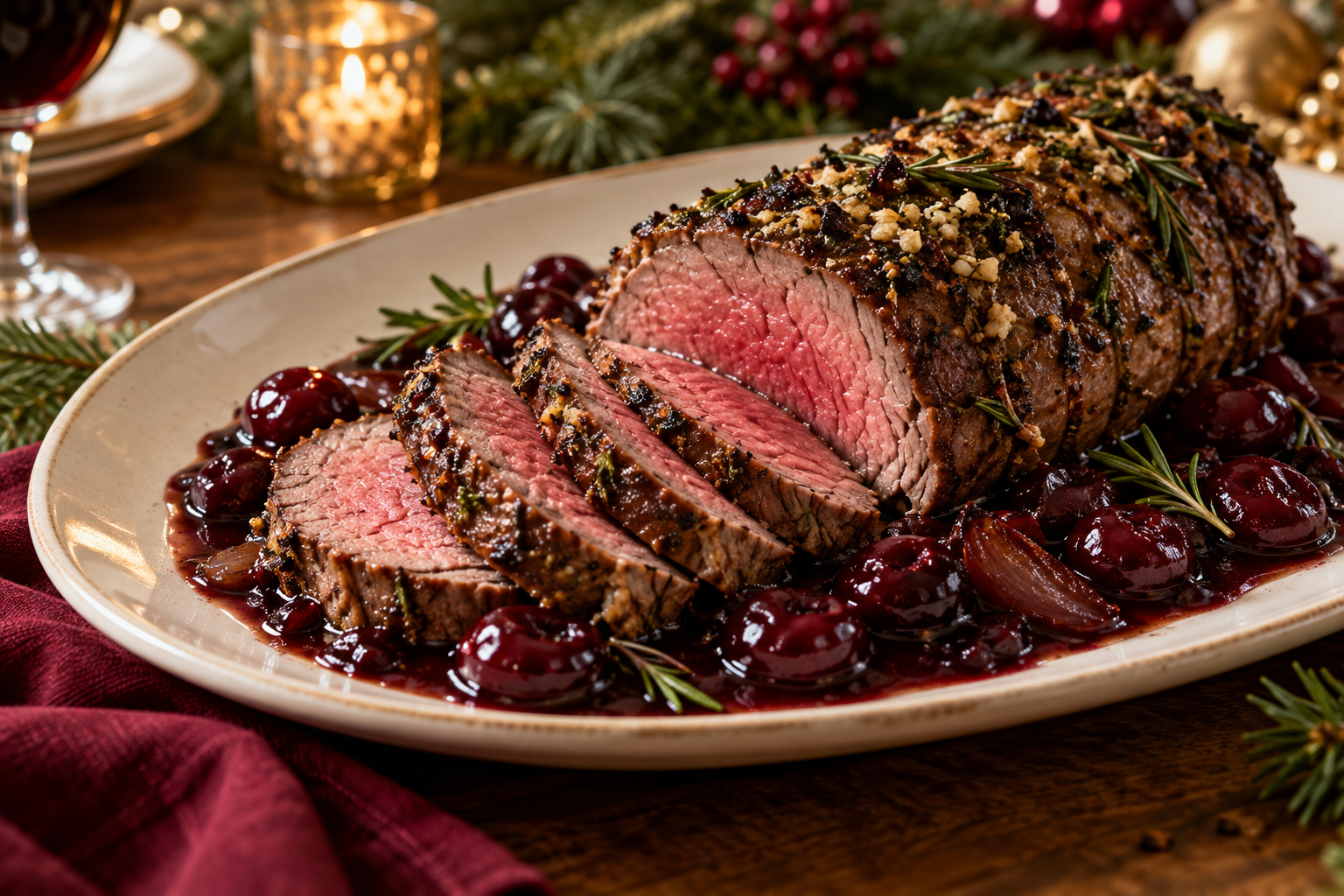 Garlic Rosemary Beef Tenderloin with Cherry Sauce served for Christmas