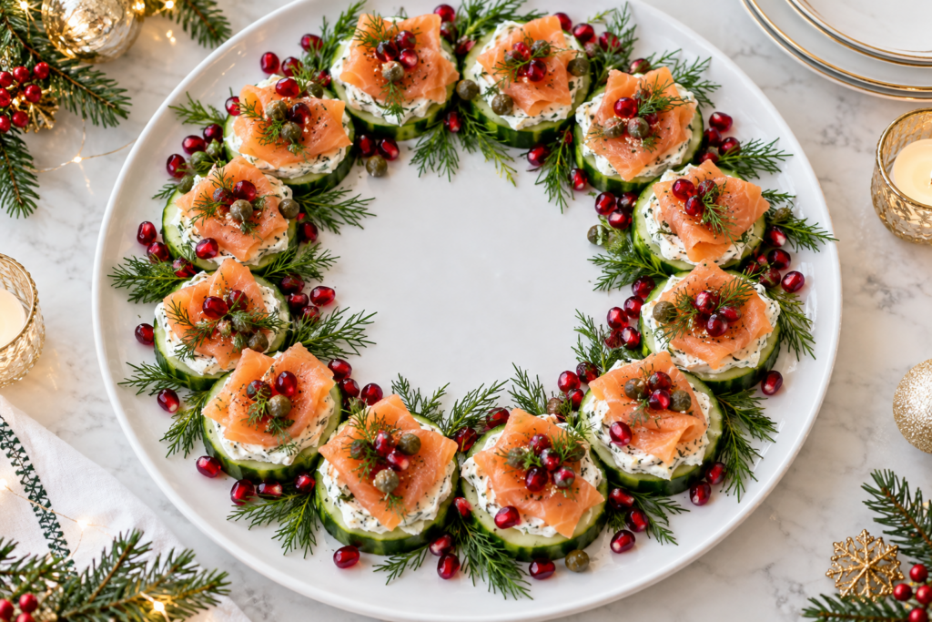 Smoked Salmon Cucumber Christmas Wreath