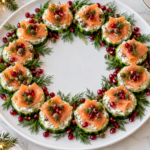 Smoked Salmon Cucumber Christmas Wreath served for Christmas