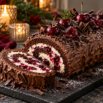Black Forest Yule Log served for Christmas
