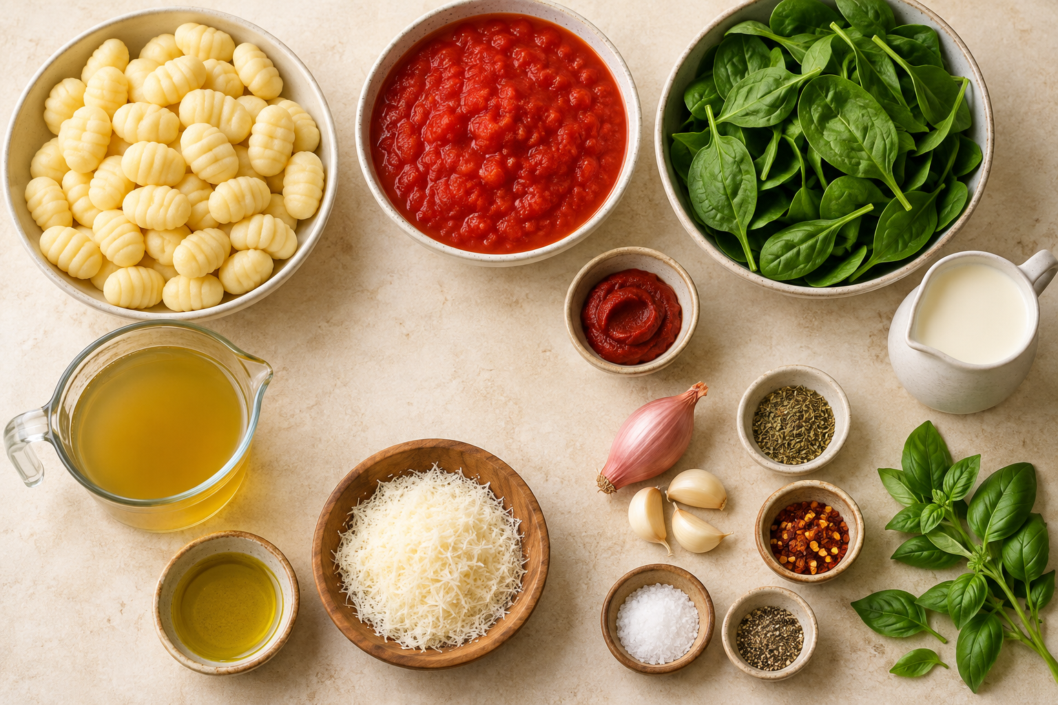 Ingredients for creamy tomato spinach gnocchi arranged on a cream countertop