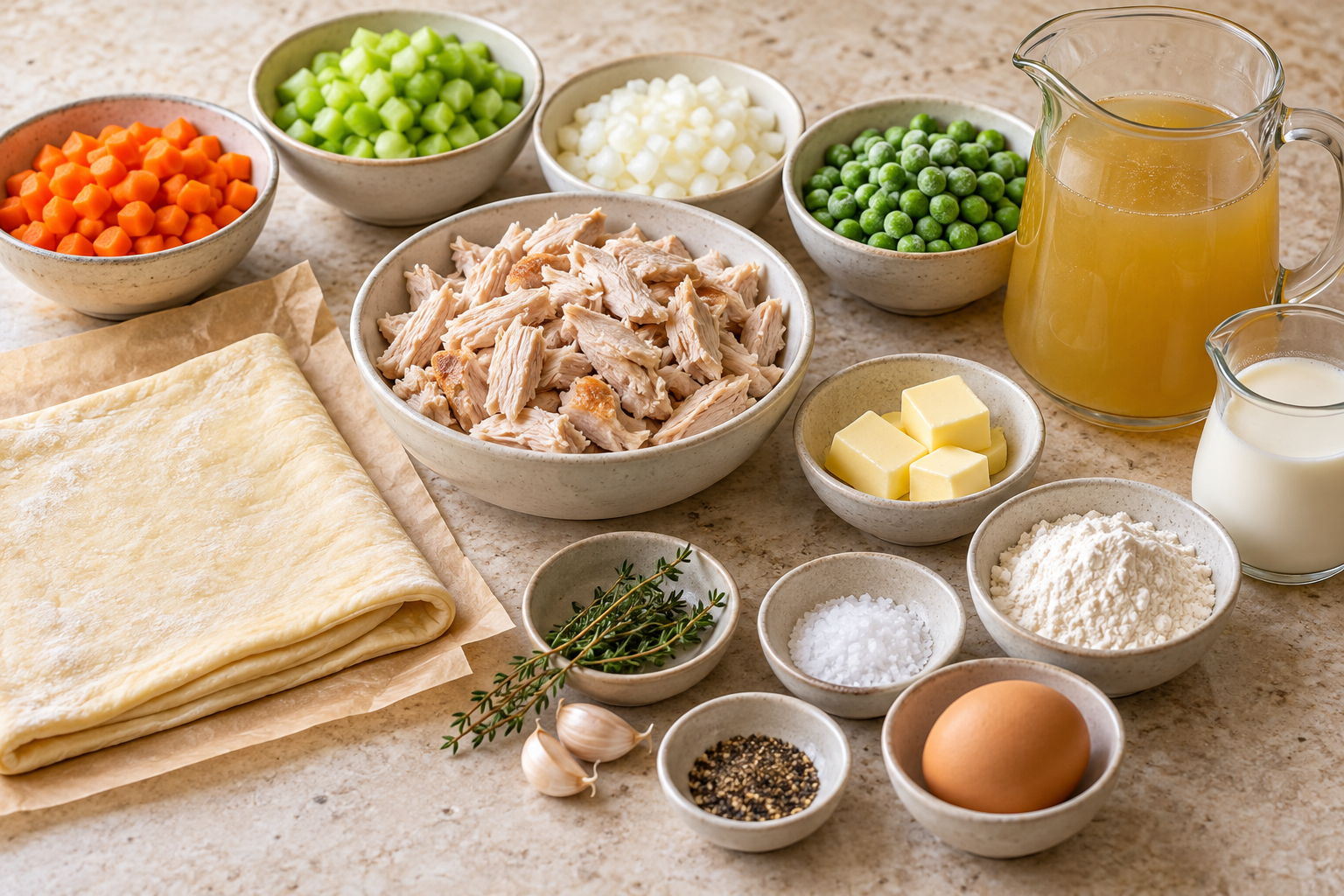 Cooked turkey, puff pastry, vegetables, broth, milk, butter, flour, egg, garlic, and thyme for turkey pot pie