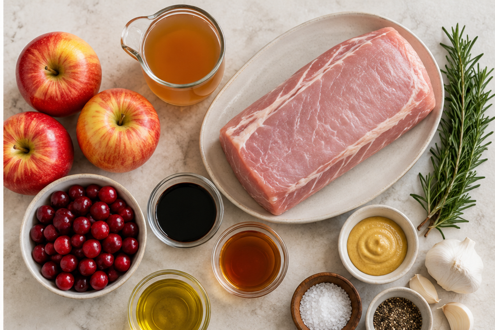 Ingredients arranged for cranberry balsamic pork loin