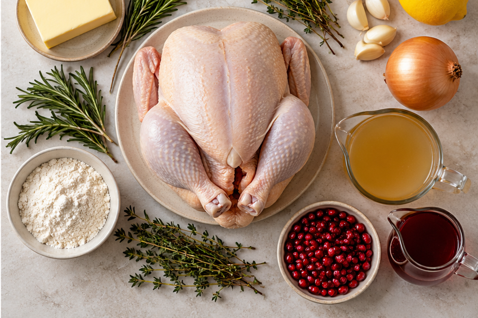 Ingredients arranged for Christmas roast chicken
