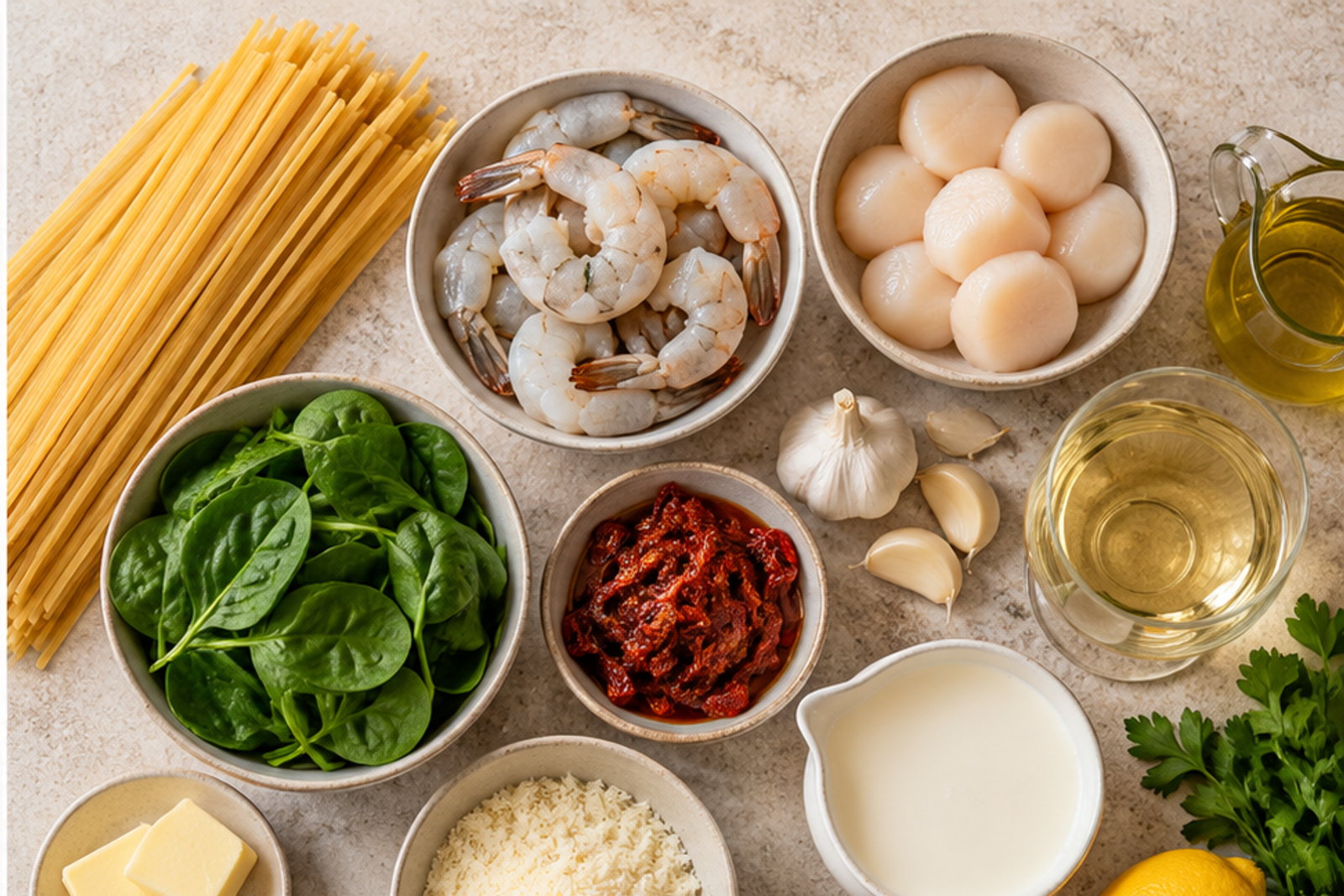 Ingredients arranged for Christmas seafood pasta