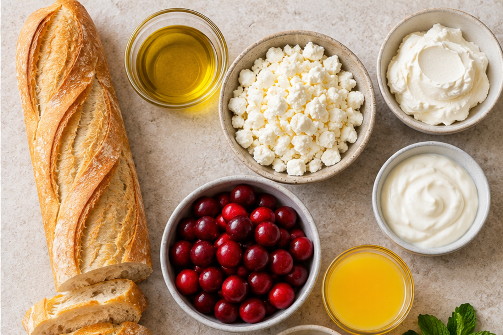 Ingredients arranged for cranberry crostini