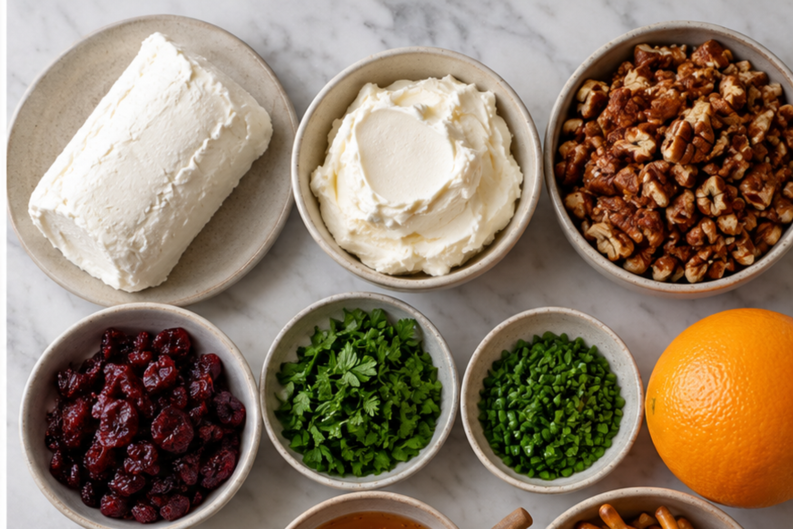 Ingredients arranged for goat cheese balls