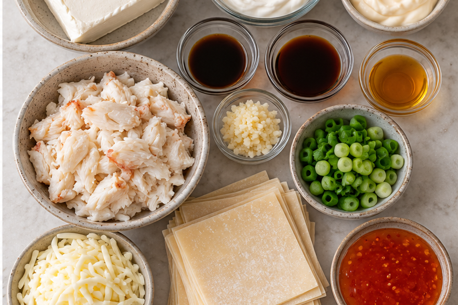 Ingredients arranged for crab rangoon dip
