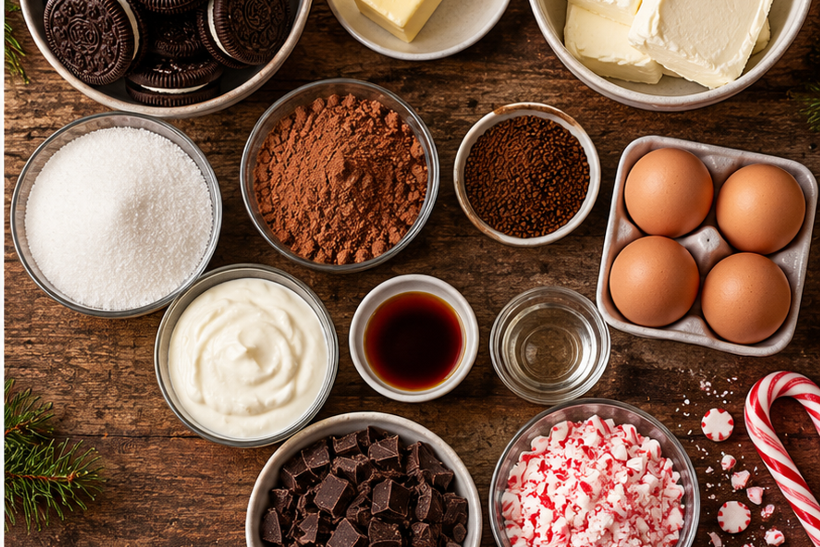 Ingredients arranged for peppermint mocha cheesecake bars