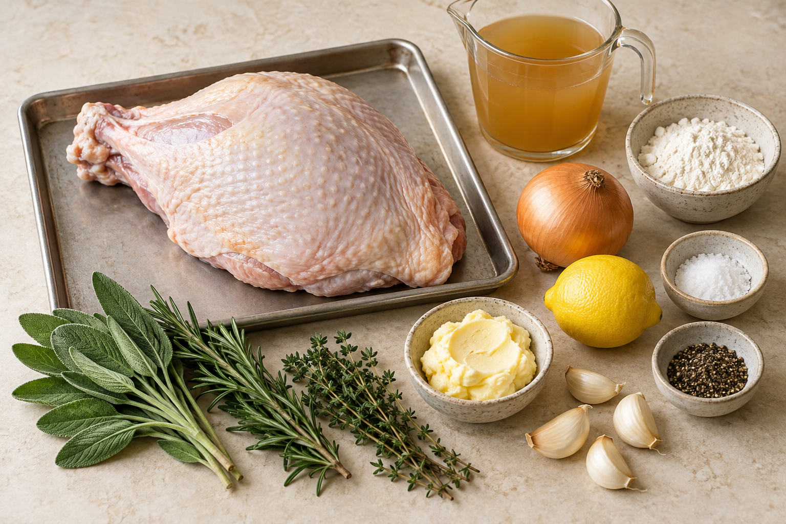 Turkey breast, butter, garlic, herbs, lemon, onion, broth, and flour for roast turkey breast