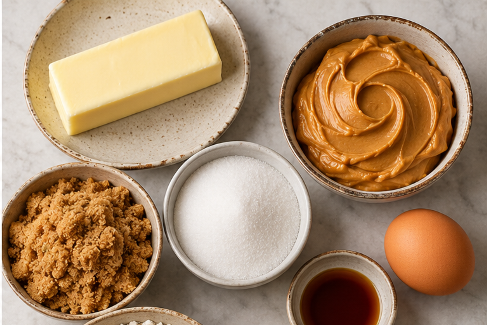 Ingredients arranged for peanut butter blossom cookie cups