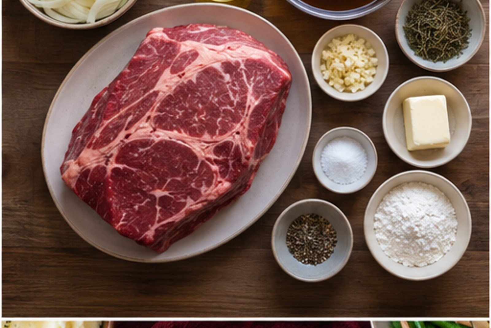 Ingredients arranged for slow cooker French onion pot roast