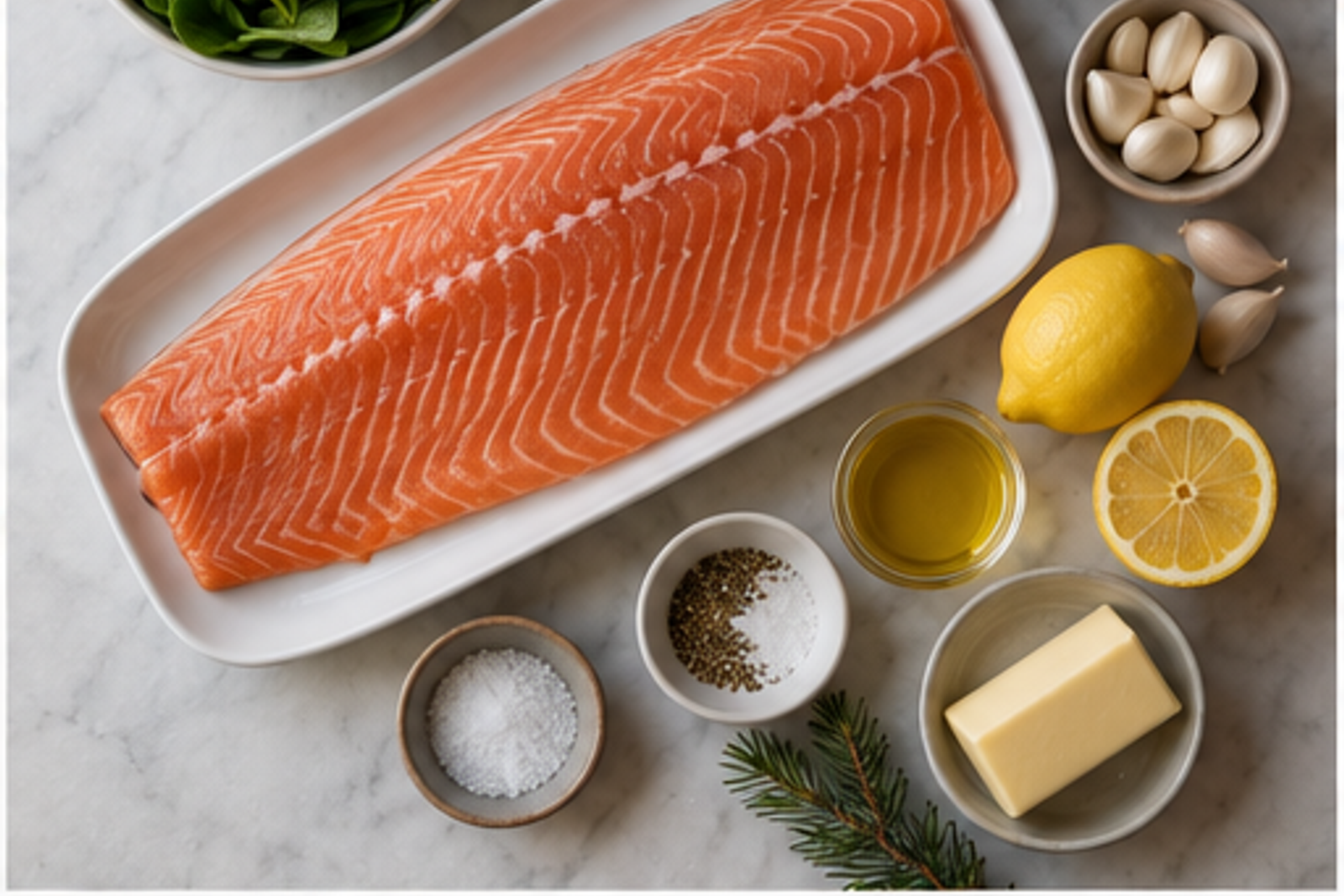 Ingredients arranged for creamy garlic Parmesan salmon