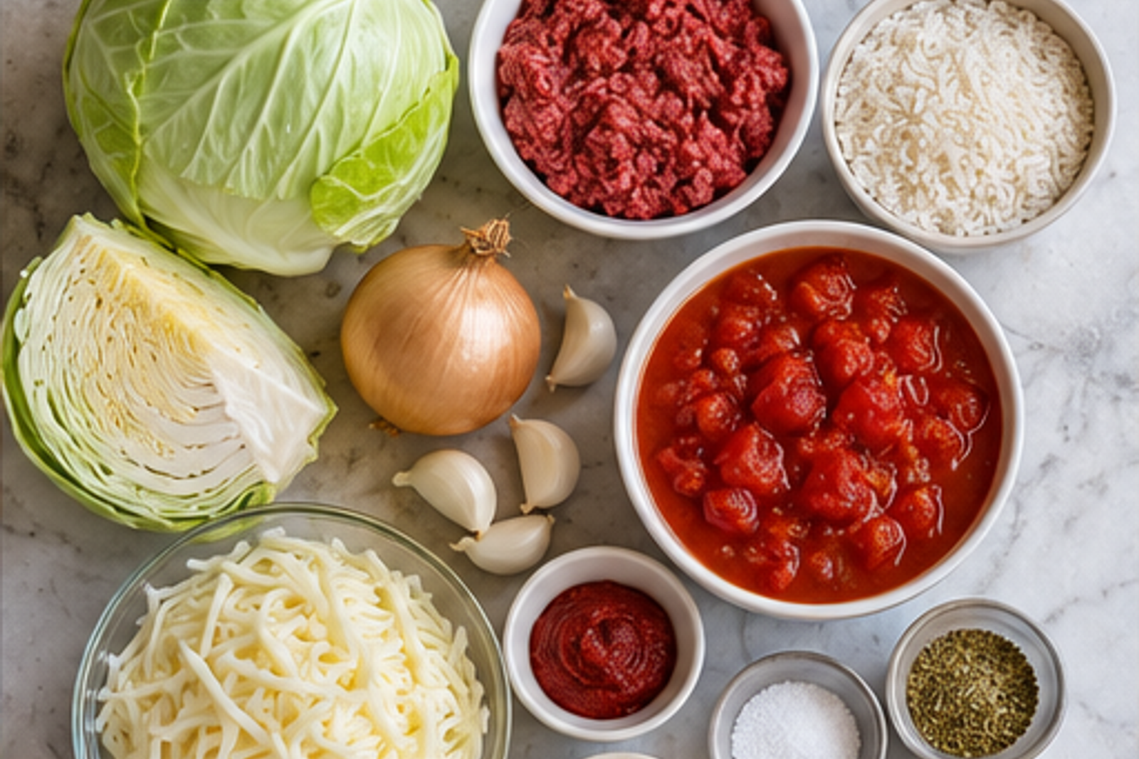 Ingredients arranged for cabbage roll casserole