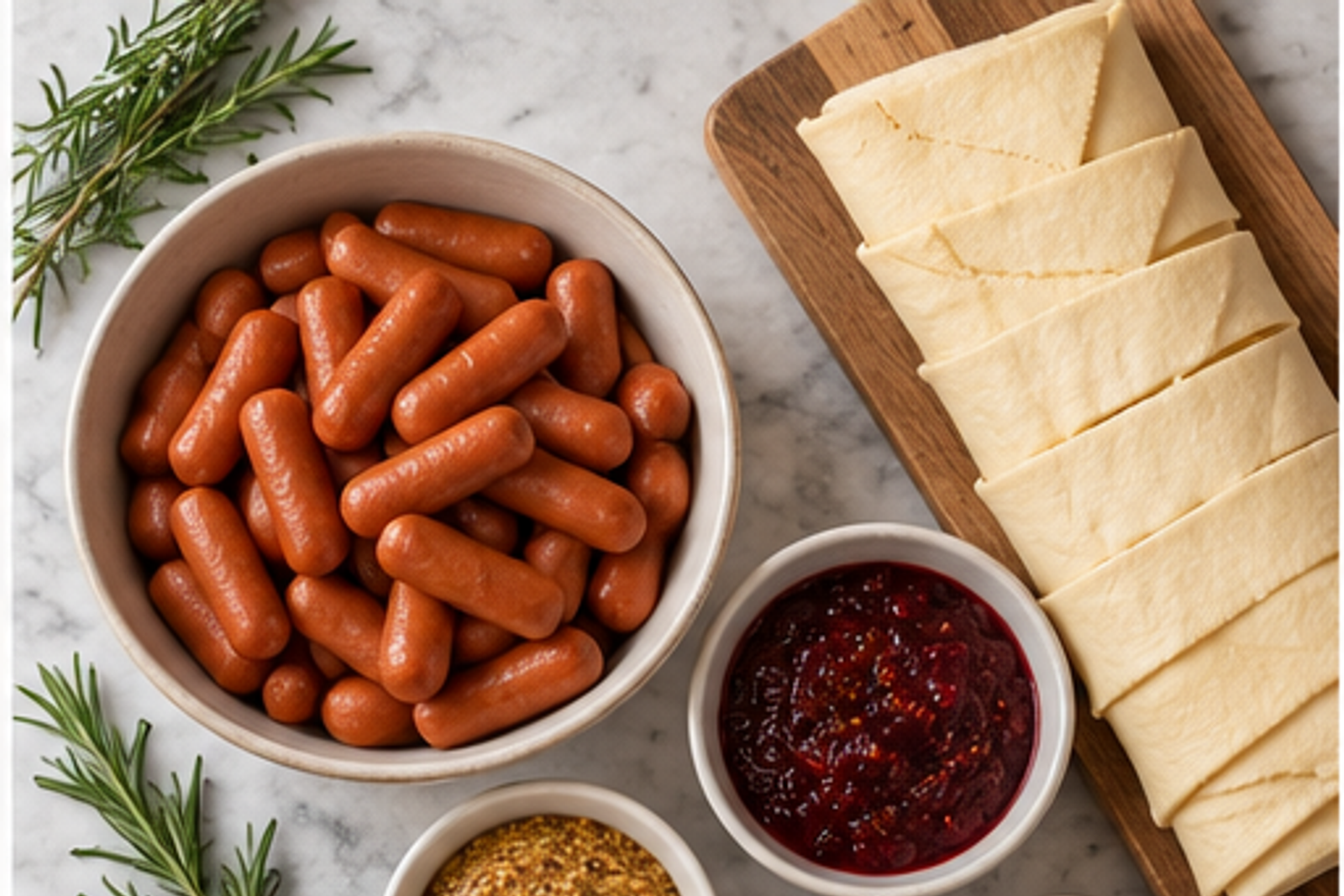 Ingredients arranged for pigs in a blanket wreath